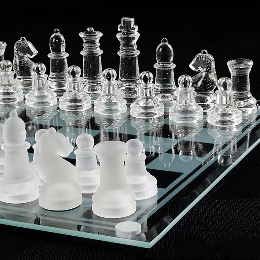Crystal Chess Set Includes Frosted / Polished Glass Chess Board and 32 Chess Pieces, Adult Crystal Chess Set