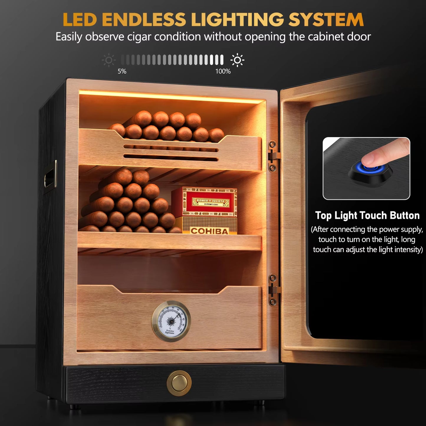 Desktop Cigar Humidor Cabinet, Light Control, Cedar Wood Shelves, Hygrometer, 3 Humidifiers, Cigar Accessories Drawer