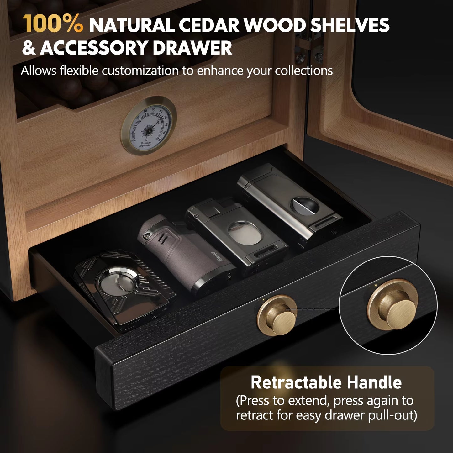 Desktop Cigar Humidor Cabinet, Light Control, Cedar Wood Shelves, Hygrometer, 3 Humidifiers, Cigar Accessories Drawer