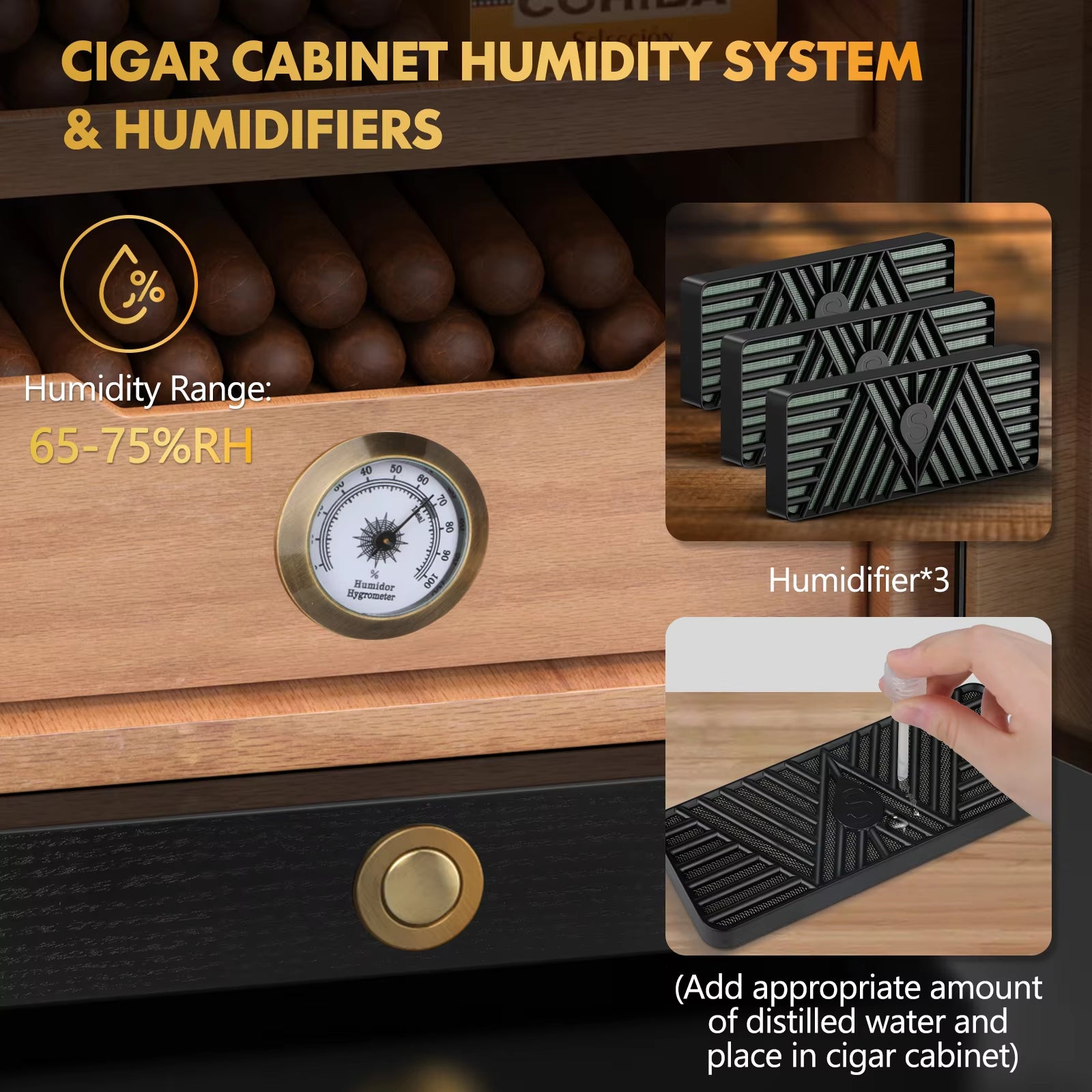 Desktop Cigar Humidor Cabinet, Light Control, Cedar Wood Shelves, Hygrometer, 3 Humidifiers, Cigar Accessories Drawer