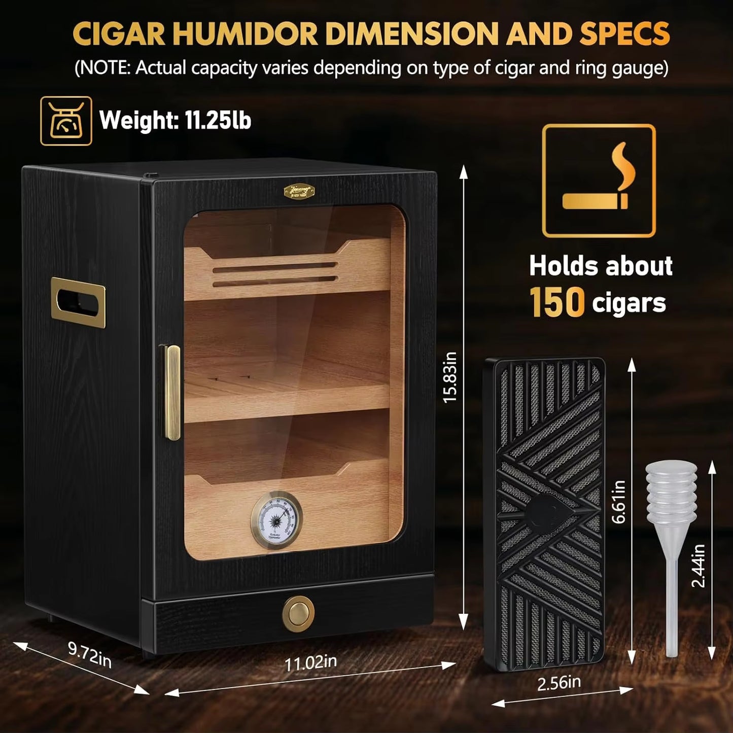Desktop Cigar Humidor Cabinet, Light Control, Cedar Wood Shelves, Hygrometer, 3 Humidifiers, Cigar Accessories Drawer