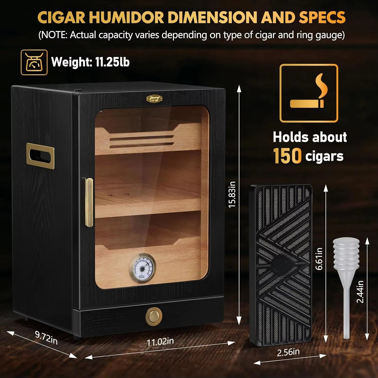 Desktop Cigar Humidor Cabinet, Light Control, Cedar Wood Shelves, Hygrometer, 3 Humidifiers, Cigar Accessories Drawer